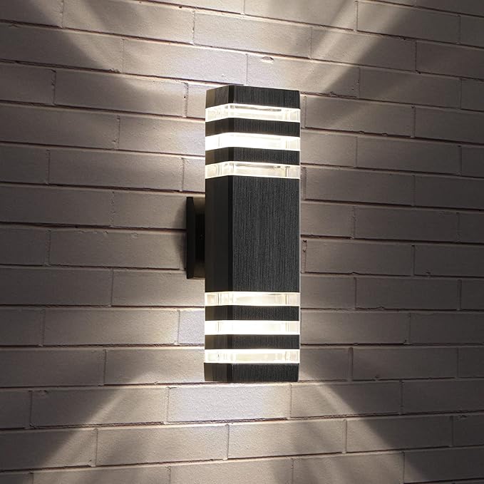 tewei 1 Pack LED Square Up and Down Lights Outdoor Wall Mount Light, 3-Layer Black Modern Outdoor Lights for House, IP65 Waterproof Aluminum Exterior Lamps for Front Porch Garage, Warm White 3000K
