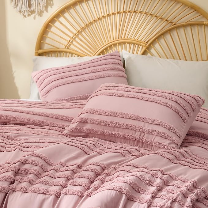 BEDELITE Boho King Size Comforter Set - Dusty Pink Tufted Striped Bed Set 3 Pieces, Soft Vintage Farmhouse Comforter for All Seasons, Boho Home Decor,Fluffy Jacquard Bedding with Pillow Sham