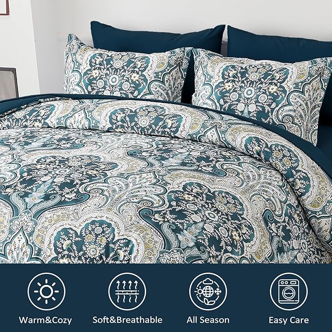 Drucon Boho Comforter Set Queen Size, 7 Pieces Bed in a Bag Paisley Comforter, Soft Lightweight Microfiber Bedding Set (1 Comforter, 1 Flat Sheet, 1 Fitted Sheet, 2 Pillow Shams, 2 Pillowcases)