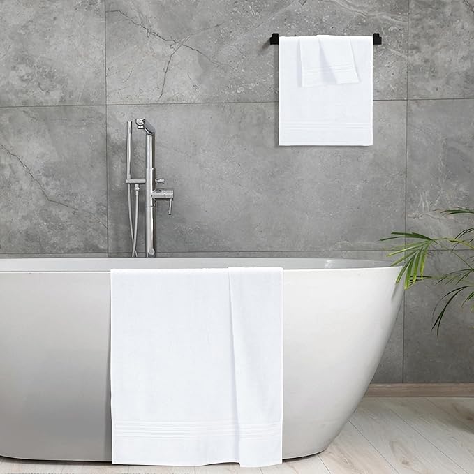 BOUTIQUO Ultra Soft 3 Pack Cotton Towel Set, Contains a Bath Towels 28x55 inch, a Hand Towels 16x24 inch & a Wash Coths 12x12 inch, Ideal Everyday use, Compact & Lightweight - White