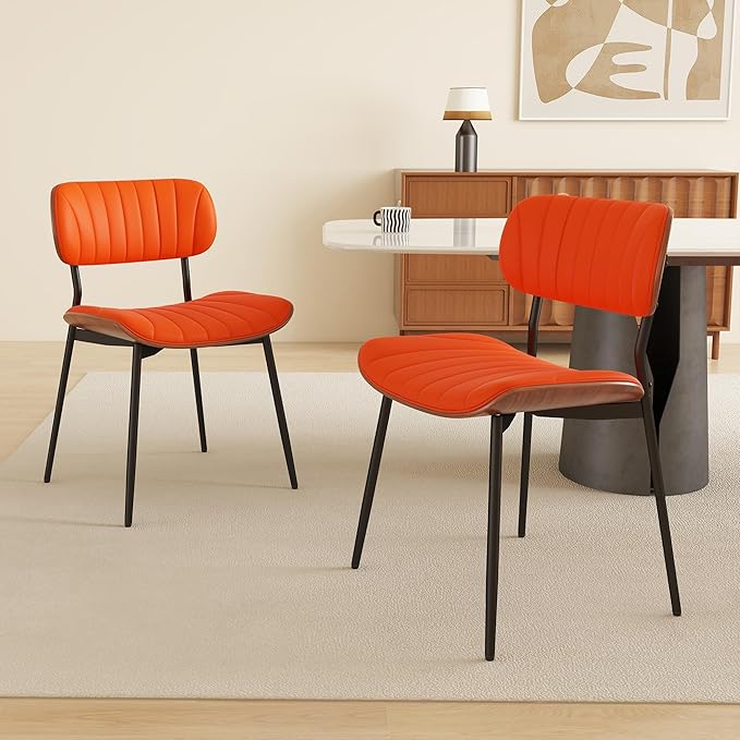 Modern PU Leather Dining Room Chairs Set of 6, Upholstered Kitchen Chairs with Walnut Bentwood Back and Metal Legs Adjustable Feet for Kitchen Dining Room(Orange)