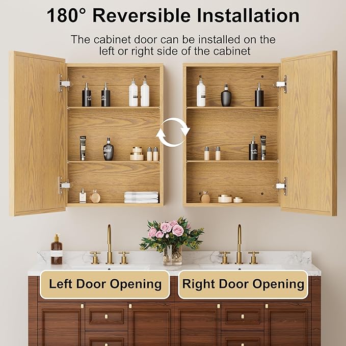 16x24 Inch Wood Medicine Cabinet with Mirror, Surface or Recessed Mounted Bathroom Cabinets with Adjustable Shelves, Soft-Close Hinges, Wall Mounted Cabinet for Storage, Oak-Grain