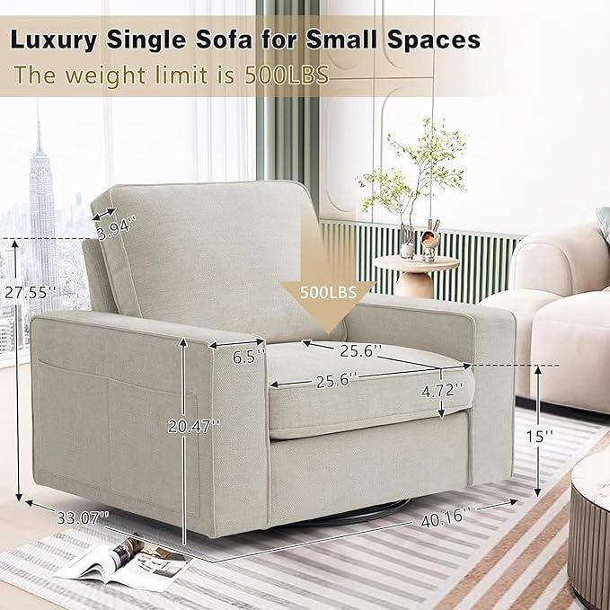 LEISLAND 40" Swivel Accent Chair, Small Couch Sofas for Small Spaces, Fabric Living Room Chairs with Solid Wood Frame, Removable Cushion and Detachable Sofa Cover(Beige)