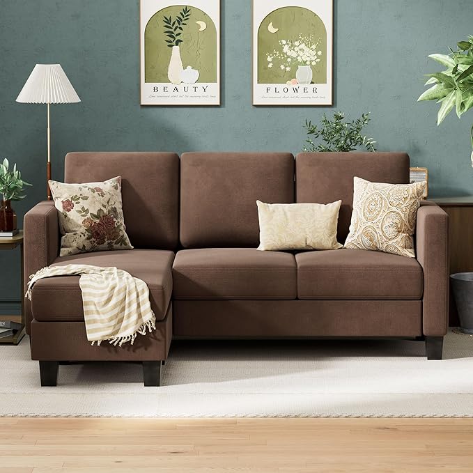 VICTONE Convertible Sectional Sofa Couch, 3 Seat L-Shaped Sofa with Linen Fabric Ottoman Small Couch for Small Apartments, Living Room and Office (Linen Fabric, Brown)