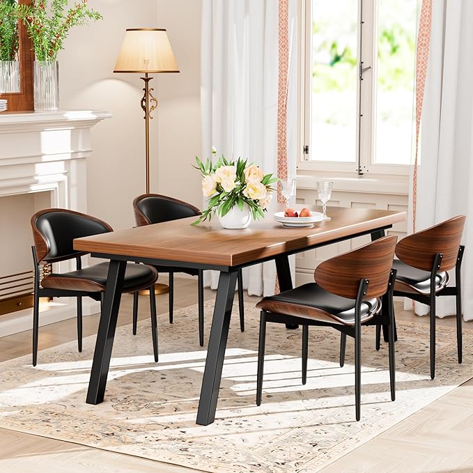 Dining Chairs Set of 2, Dining Room and Kitchen Chairs, Mid Century Modern Retro Chair, Upholstered PU Leather Chairs for Vanity with Walnut Bentwood and Metal Legs (Black)