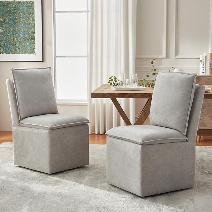 VKNOW Upholstered Dining Chairs Set of 2, Modern Rolling Chairs with Storage and Wheels, Linen Armless Chair with Cushion and Backrest, Dining Room Chairs for Living Room Kitchen Bedroom, Light Grey