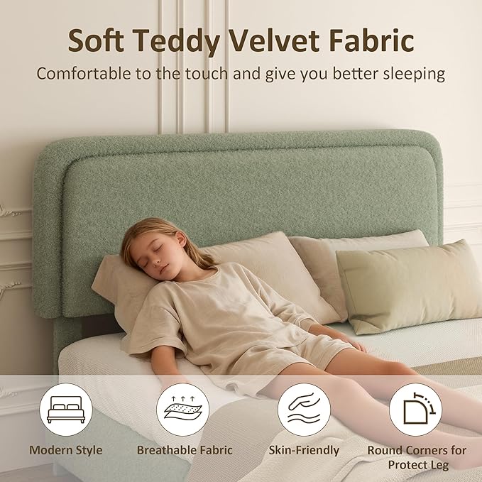 Queen Bed Frame, Teddy Velvet Boucle Bed Frame with 43.3"/45.3" Adjustable Upholstered Headboard, Rounded Corners, Mattress Foundation, No Box Spring Required, Green