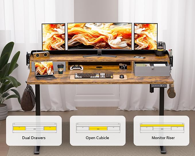 48x24 Inches Electric Standing Desk with 2 Drawers, Height Adjustable Stand up Desk for Home Office, Ergonomic Sit to Stand Table with Storage Shelf, DIY Board, Hooks, Rustic Brown