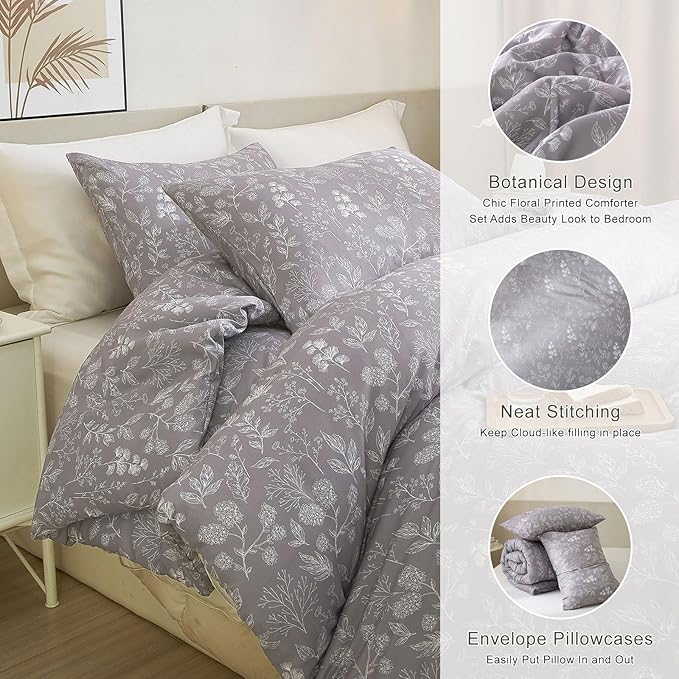 EAVD Botanical Floral Comforter Set Twin XL Grayish Purple Soft Microfiber Chic Cute Garden Floral Bedding Comforter Set 1 Twin XL Comforter and 2 Pillowcases Fresh Botanical Comforter for All-Season