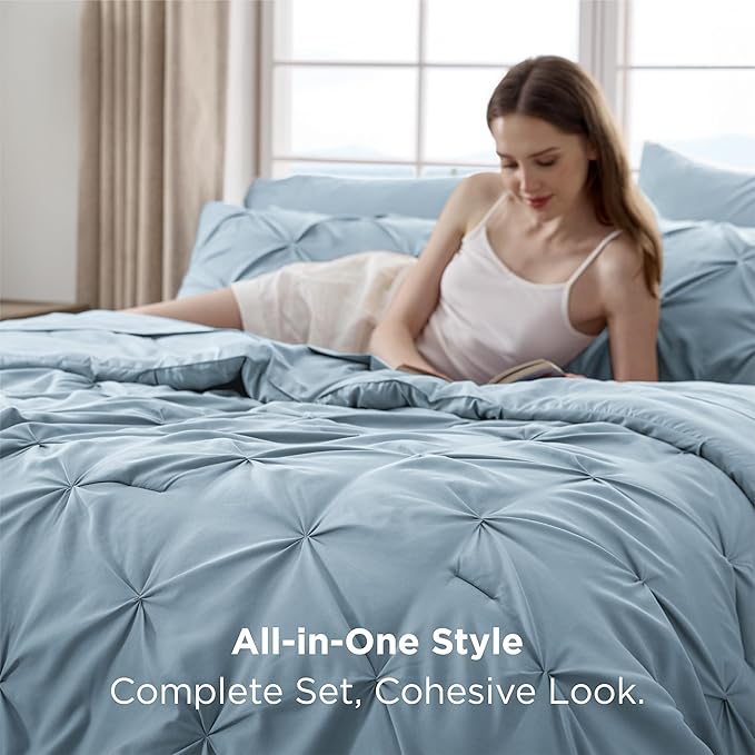 Bedsure Queen Comforter Set Light Blue - Bed in a Bag Queen Size Bedding 7 Pieces, GentleSoft™ Pintuck Bed Set Gift for Family, Pinch Pleat All Season Comforter with Sheets, Pillowcases & Shams
