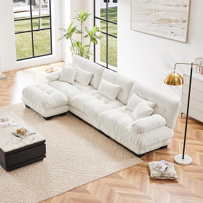 133.8" Oversized L-Shape Modern Chenille Couch, 3 Seater + 1 Ottoman, Upgraded-White