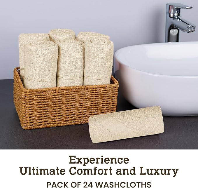 Casa Lino Face Towels & Body Wash Cloths for Showering - 100% Cotton Wash Cloths for Bathroom - Highly Absorbent & Quick Drying Washcloth Set - Cotton Washcloths 24 Pack (12" x 12") - (Linen Brown)