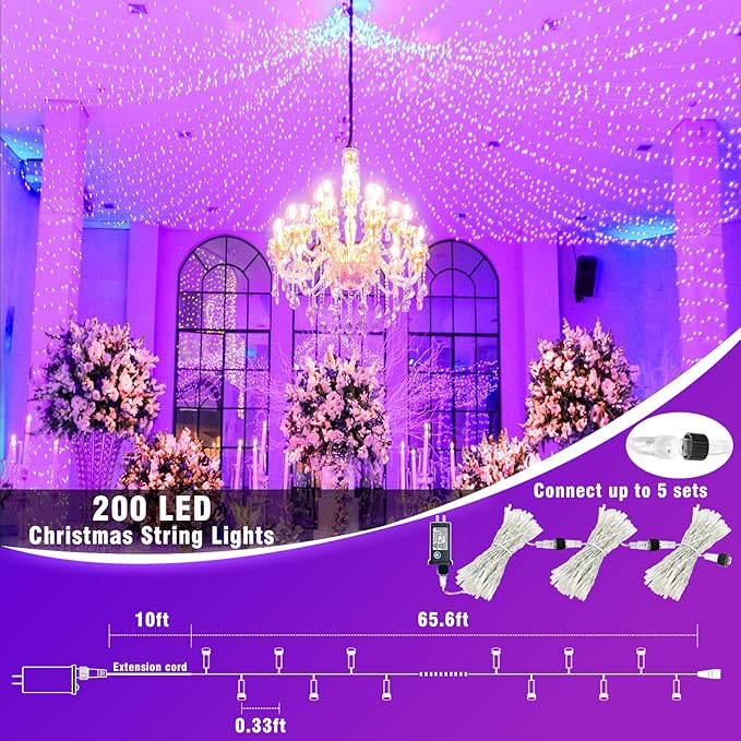 200 LED Purple Christmas Lights Outdoor Waterproof 66ft String Lights Indoor Clear Wire with 8 Modes Plug in Twinkle Fairy Light for Party Xmas Tree Decorations