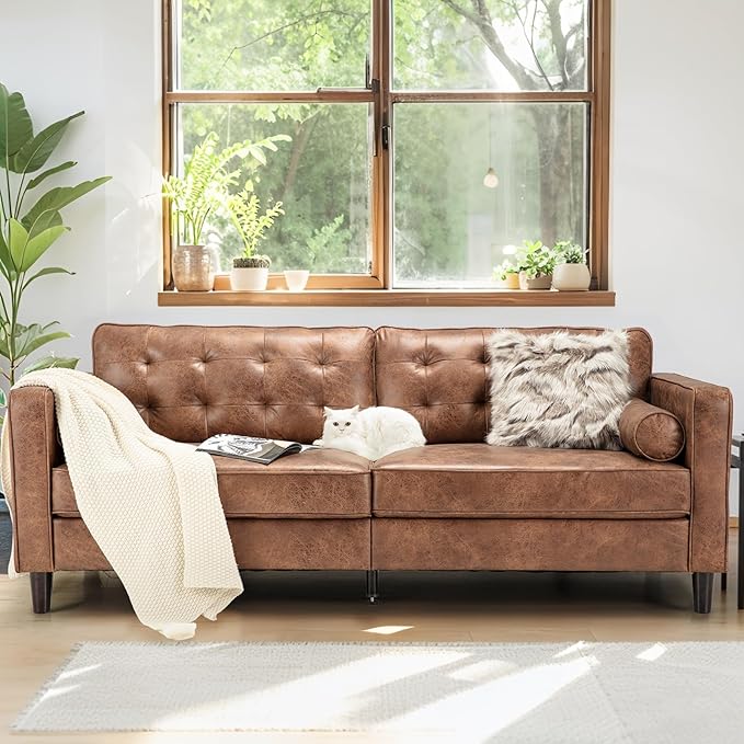 Esright Mid Century Modern Faux Leather Sofa, 84.2-Inch 3-Seater Vintage Couch with 2 Bolster Pillows, Large Brown Sofa for Living Room, Apartment, Office