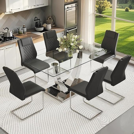AZmac 63” Glass Dining Room Table Set for 6, Modern Kitchen Table and Chairs Set of 6, Dining Sets with Rectangular Tempered Glass and Sturdy Silver Chrome Base, for Kitchen Home