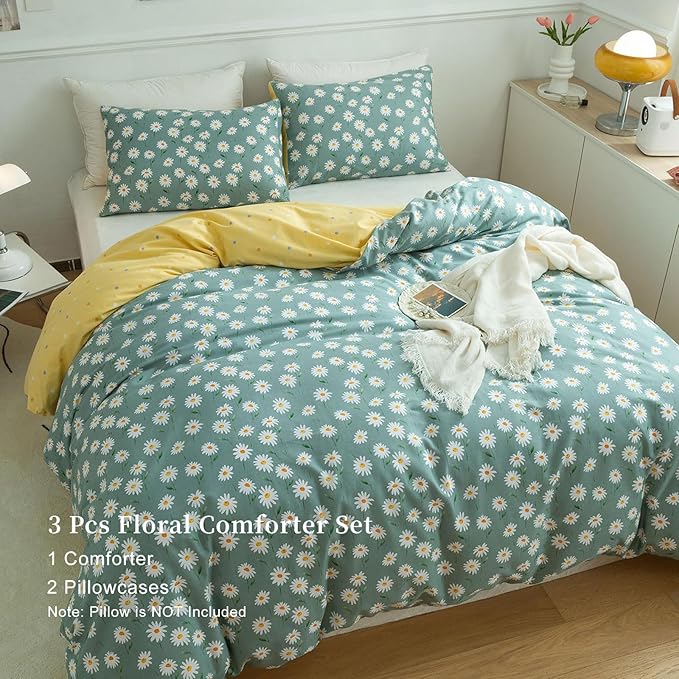 EAVD Garden Style Daisy Floral Comforter Set Twin XL Sage Green Soft Microfiber Fresh Chic Daisy Bedding Comforter with 2 Pillowcases Botanical Comforter Set for All-Season