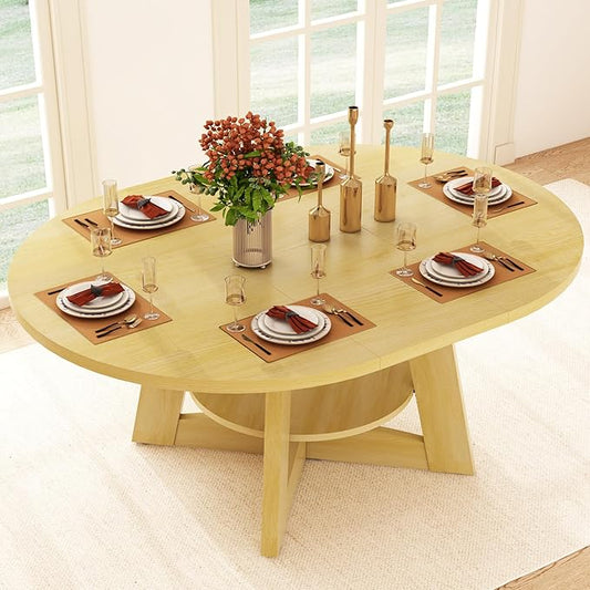47"-63" Extendable Dining Table for 4 5 6 People,63" Farmhouse Round Extending Dining Table w/Removable Leaves Space Saving,Wooden Adjustable Tables for Kitchen Office Living Room Natural
