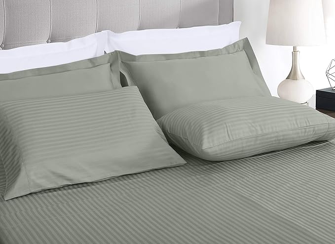 Threadmill 100% Cotton Sheets for Full Size Bed - 600 Thread Count Full Bed Sheets Set with 16” Deep Pocket - Damask Stripe Sateen Weave 4-Piece Bedding Set with Cooling Effect, Moonrock Grey
