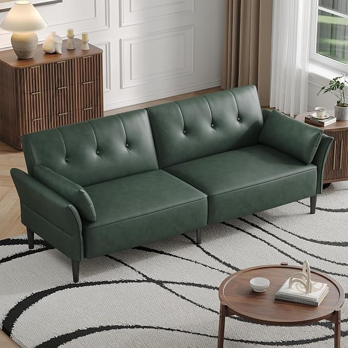 89” Futon Sofa Bed,Futon Couch Bed with 2 Square Pillows,Convertible Sleeper Sofa with Adjustable Backrest& Armrests, Modern Loveseat Sleeper for Living Room, Bedroom,Faux Leather Green