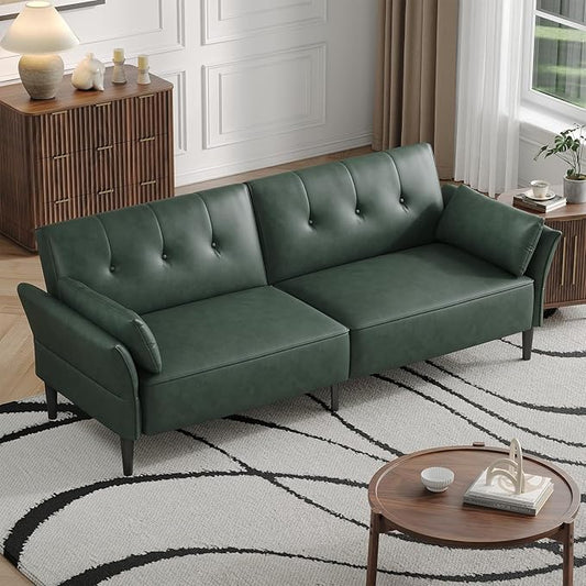 89” Futon Sofa Bed,Futon Couch Bed with 2 Square Pillows,Convertible Sleeper Sofa with Adjustable Backrest& Armrests, Modern Loveseat Sleeper for Living Room, Bedroom,Faux Leather Green