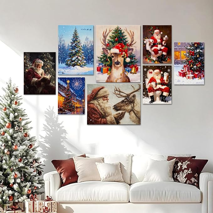 Vintage Humorous Santa Christmas Wall Art - Comical Canvas Print for Bathroom Decor, Ready to Hang Framed Picture, Perfect Funny Christmas Gifts & Quirky Holiday Decorations