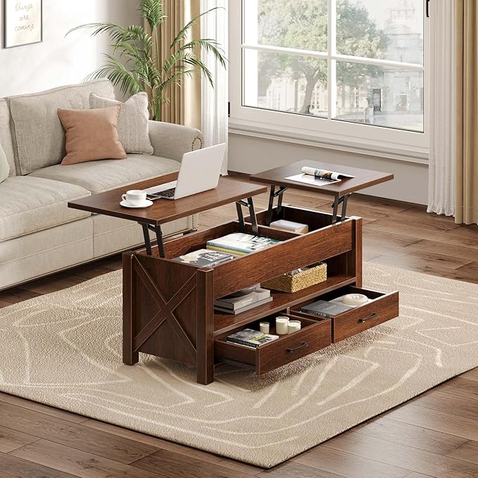 Seventable Coffee Table, 39.3" Lift Top Coffee Table with 2 Storage Drawers and Hidden Compartment, Farmhouse Center Table with Wooden Lift Tabletop, for Living Room,Espresso