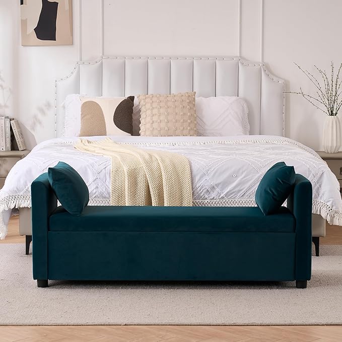 Velvet Storage Bench for Bedroom, 55" End of Bed Bench for King Size Bed, Modern Upholstered Long Ottoman Bench with Arms and 2 Pillows for Living Room/Entryway (Teal/Blue-Green)