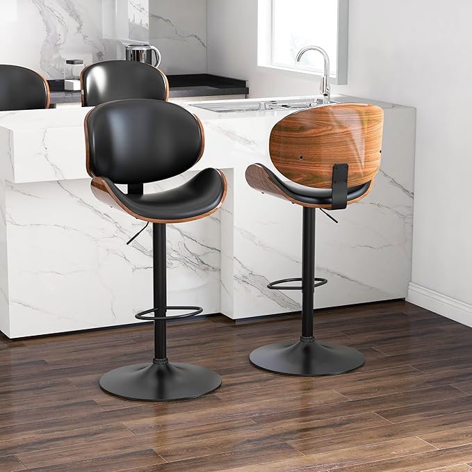 Adjustable Swivel Bar Stools Set of 4, Modern Bentwood Barstool with Large Metal Base and Footrest, PU Leather Upholstered Bar Chair with Curved Back for Kitchen Island Dining Room, Black