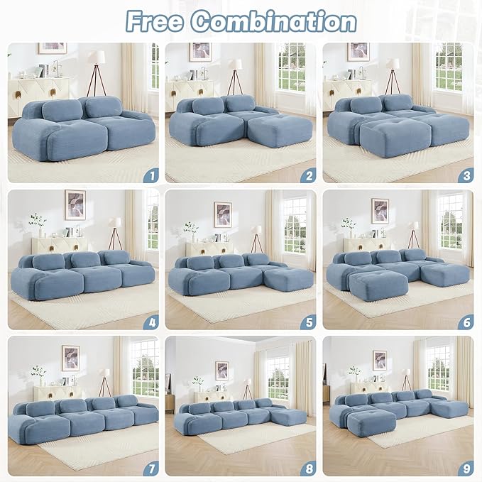 116" Modern Corduroy Cloud Sofa with Ottoman, U Shaped Boneless Modular Large Sectional Couches for Living Room, Blue 3 Seater Compressed Memory Foam Couch, Extra Deep Seat, No Assembly