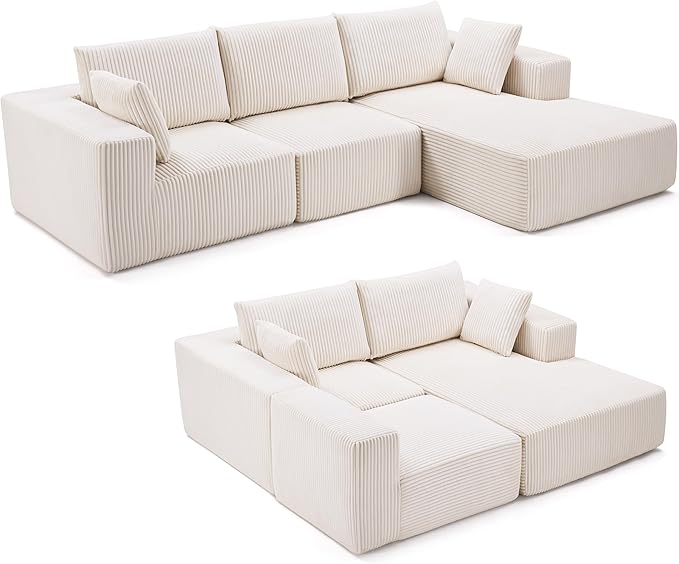 108” Modular Sectional Sofa, Cloud Sectional Couch with Deep Seat, Modern Modular L-Shape Sofa with Chaise,Upholstered Boneless Couches for Living Room (Corduroy, Beige)