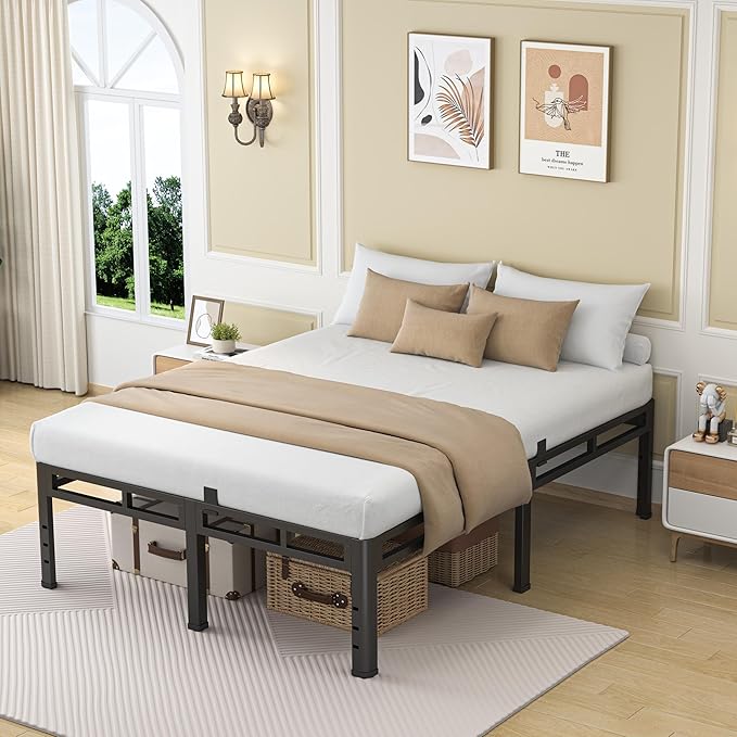 NKZ 24 Inch Full Size Bed Frame, Metal Bed Frame & Box Spring 2 in 1 Platform with Round Corner Legs, 4000Lbs Heavy Duty Metal Frame, Mattress Slide Stopper, Headboard Hole, Noise-Free, Easy Assembly
