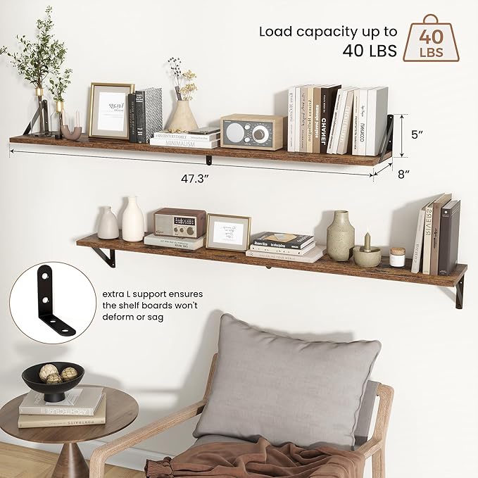 Axeman Floating Shelves for Wall 48 Inch | 47.3W x 8D Rustic Floating Shelves Set of 2 | 8" Deep Long Wall Shelves for Bathroom Kitchen Living Room | Bookshelf Display Shelves - Rustic Brown