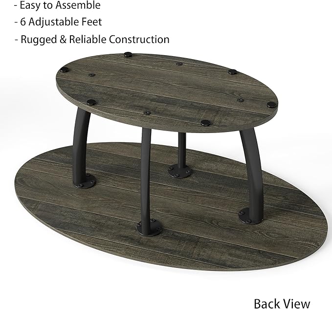 Manora Rustic Small Oval Coffee Table for Living Room, Narrow Wood Center Table with Shelf, Retro Style Coffee Table with Curved Metal Legs, Stable and Easy Assembly, Gray