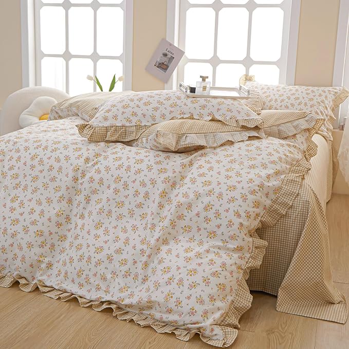 EAVD French Garden Style Ruffled Floral Comforter Set Full Fluffy Soft Microfiber Chic Shabby Pink Yellow Floral Bedding Set with 2 Pillowcases Fresh Botanical Comforter Set for All-Season