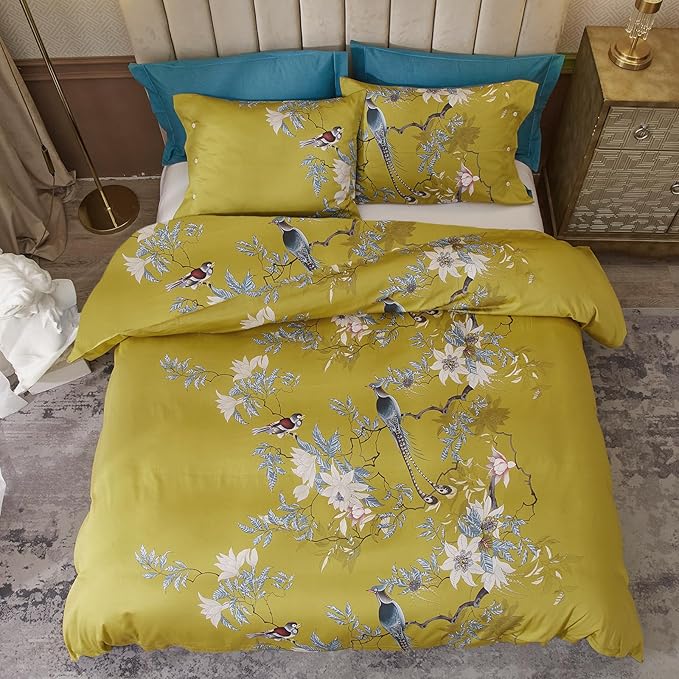 EAVD Queen Comforter Set Floral Vintage Garden Floral Bedding Set Soft Microfiber Yellow Comforter with 2 Pillowcases Gorgeous Floral Cute Bird Comforter Set for All-Season