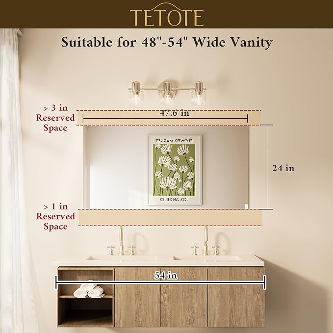 TETOTE Frameless Mirror 48" x 24" Large Tempered Vanity Mirror for Wall, Bathroom, Bedroom, Entryway, Hallway, Gym, Vertically/Horizontally