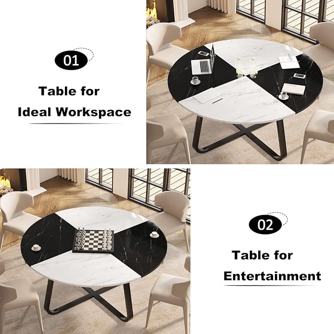 LVB Round Marble Dining Table for 4 Man, Modern 51-Inch Wood Dining Table,Farmhouse Large Kitchen Table with Metal Legs for Living Room, Home, Apartment,Black and White Marble