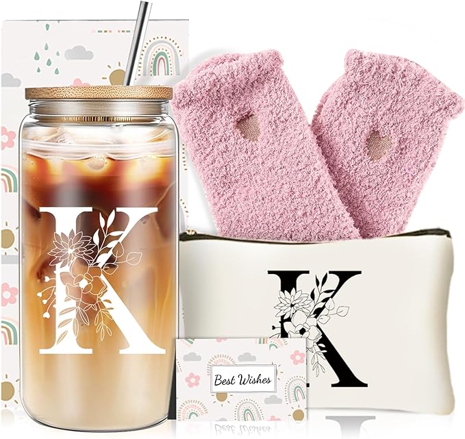 Unique Initial Glass Cup with Lids and Straws, Monogrammed Gifts Box Included Makeup Bag, Christmas Birthday Gifts for Women Mom Sister Grandma, K
