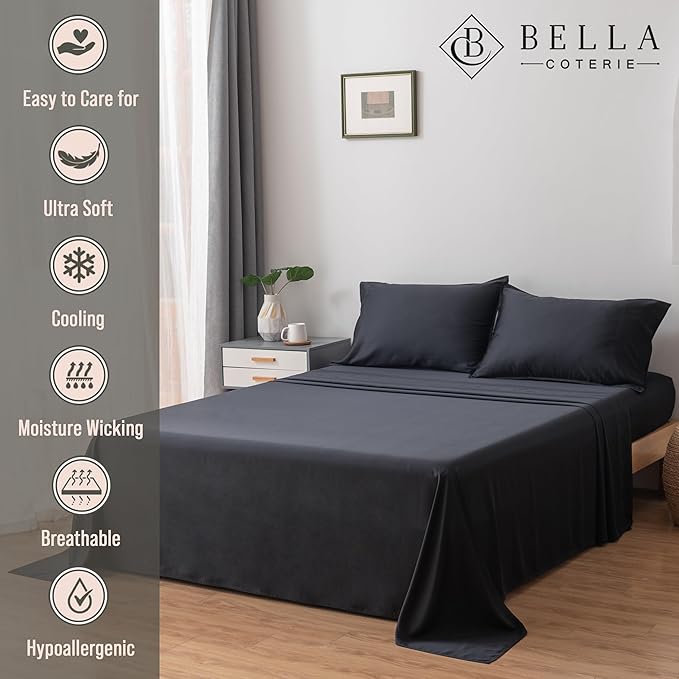 Bella Coterie Luxury Bamboo Viscose Twin XL Size Sheet Set | 100% Organically Grown | Ultra Soft | Cooling for Hot Sleepers | 18" Deep Pocket [Black]