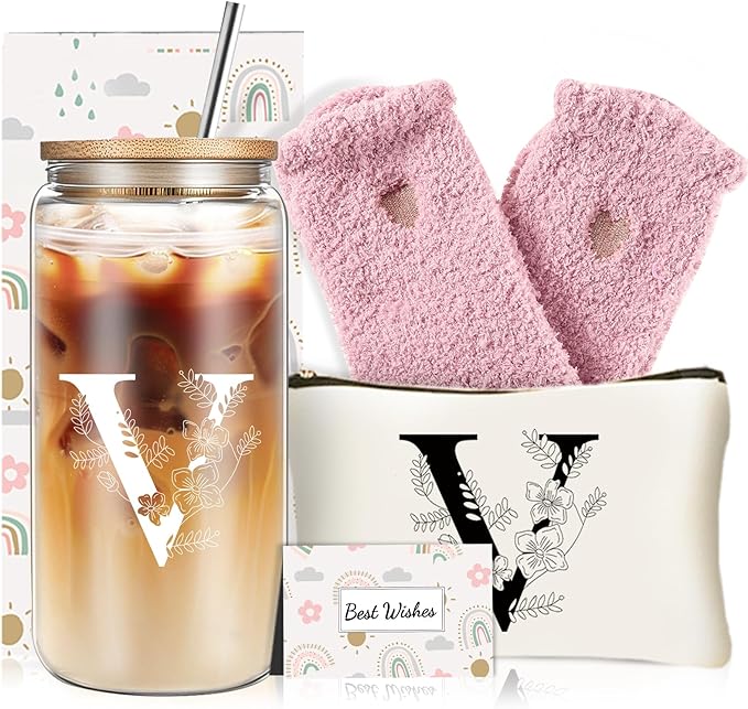 Unique Initial Glass Cup with Lids and Straws, Monogrammed Gifts Box Included Makeup Bag, Christmas Birthday Gifts for Women Mom Sister Grandma, V