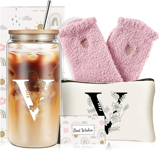 Unique Initial Glass Cup with Lids and Straws, Monogrammed Gifts Box Included Makeup Bag, Christmas Birthday Gifts for Women Mom Sister Grandma, V