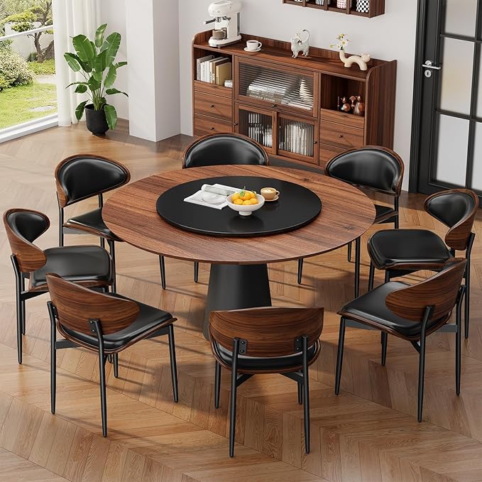 Dining Chairs Set of 4, Mid-Century Modern Upholstered PU Leather Chairs with Walnut Bentwood Back and Metal Legs Adjustable Feet for Kitchen Dining Room, Black PU