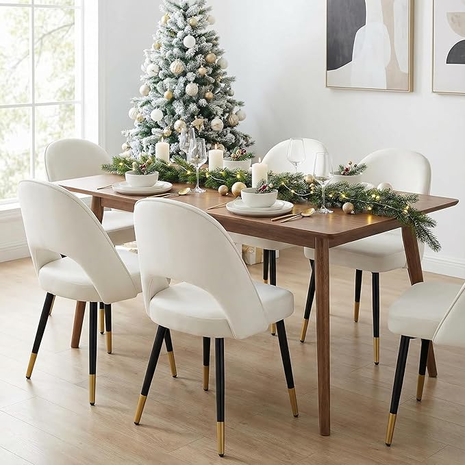LukeAlon Classic Velvet Dining Chairs Set of 4, Upholstered Open Back Kitchen Chairs with Metal Legs Armless Side Chairs Mid Century Dining Chair for Dining Room, Beige