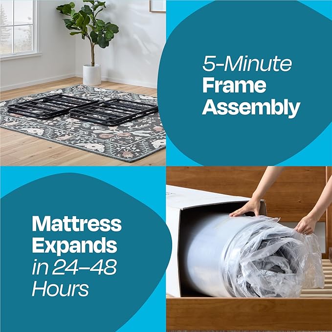 Linenspa 8” Memory Foam and Innerspring Hybrid Mattress + 14” Black Metal Platform Bedframe – Queen Mattress + Metal Folding Queen Bedframe