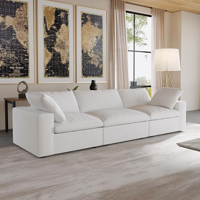 120.45" Cloud Modular Sectional Sofa with Thick Cushion, Minimalist Sofa Couch,Convertible Sofa Deep Seat Couches for Living Room Sofa Sets (White, 3 Seater)