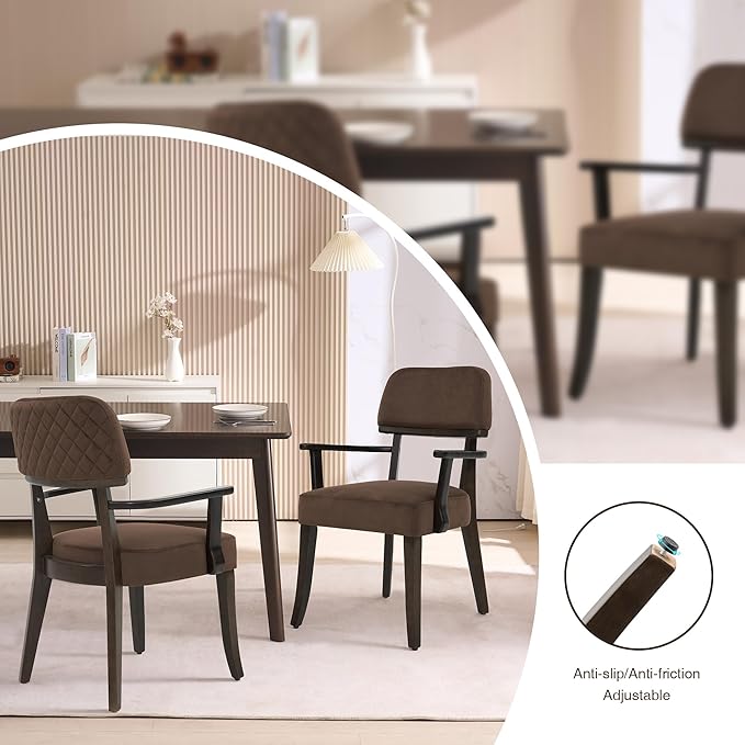 Modern Wood Dining Chairs with Arms Set of 4, Velvet Upholstered Kitchen Chairs with Open Curved Backrest & Black Hardwood Legs, Accent Chairs 350 LBS Capacity, Brown