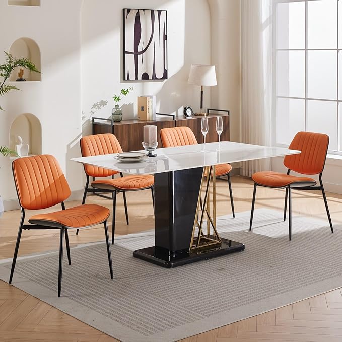 Dining Chairs Set of 2, Mid Century Modern Dining Room Chairs, Upholstered PU Leather Vertical Stripe Kitchen Chair with Walnut Bentwood and Metal Legs, Orange