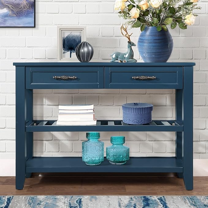 KEIKI 42”L Pine Solid Wood Entryway Console Table with 2 Storage Drawers, Mid-Century Retro Behind Couch Sofa Table with 2 Tiers Open Shelf for Hallway, Entrance, Entry Way, Living Room, Foyer