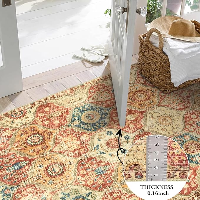Lahome Moroccan Trellis Washable Round Area Rug, Round Rug 5ft Soft Non-Slip, Non-Shedding Distressed Circle Carpet for Bedroom Living Room Bathroom Nursery Kitchen, Red/Orange