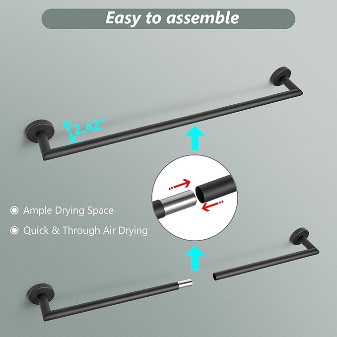 Black Towel Bar 18 Inch Bathroom Towel Racks Wall Mounted Bath Towel Holder Modern Home Decor Towel Rod Bath Towel Hanger Stainless Steel Bathroom Accessories Towel Rail Single Towel Bars Matte Black